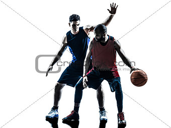 caucasian and african basketball players man silhouette