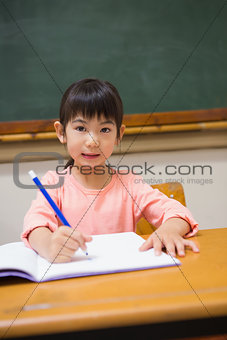 Cute pupil writing at desk in classroom