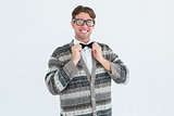 Happy geeky hipster with wool jacket
