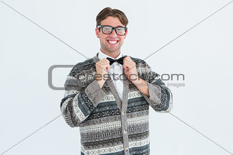 Happy geeky hipster with wool jacket