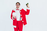 Geeky hipster in santa costume beard and mistletoe