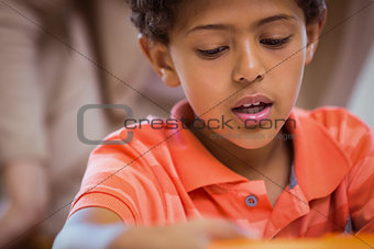 Schoolboy working hard at his desk
