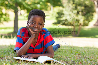 Little boy reading in the park