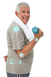 Composite image of side view of a senior man exercising with dumbbell