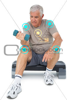 Composite image of full length of a senior man exercising with dumbbell