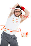 Composite image of geeky hipster stretching in sportswear