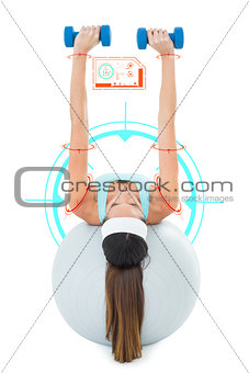Composite image of woman exercising with dumbbells on fitness ball