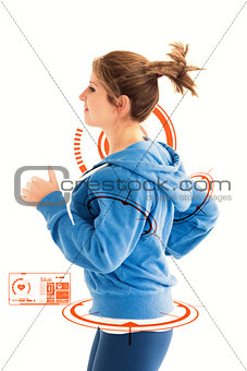 Composite image of side view of a young woman running