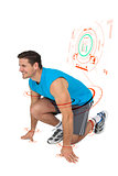 Composite image of side view of a sporty smiling man in running stance