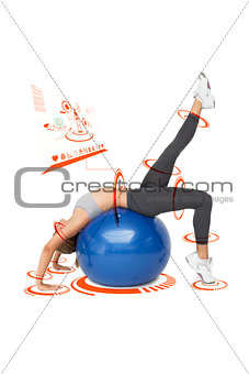 Composite image of fit young woman stretching on fitness ball