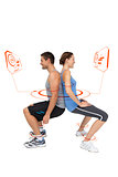 Composite image of side view of a fit young couple doing squats