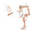 Composite image of sporty woman stretching body while balancing on one leg