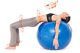 Composite image of side view of a fit woman stretching on fitness ball
