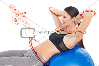 Composite image of side view of a fit woman stretching on fitness ball