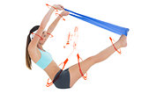 Composite image of fit young woman exercising with a blue yoga belt