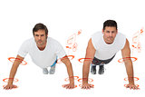 Composite image of portrait of two young men doing push ups