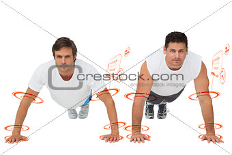 Composite image of portrait of two young men doing push ups