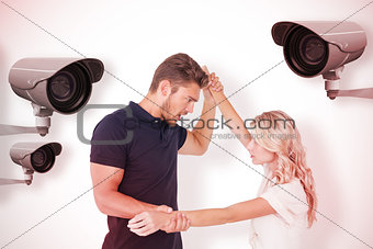 Composite image of angry man overpowering his girlfriend