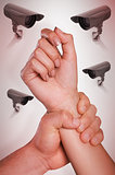 Composite image of male hand grabbing female wrist