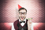 Composite image of geeky hipster in party hat with horn