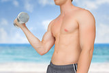 Composite image of strong man lifting dumbbell with no shirt on