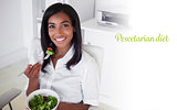 Pescetarian diet against casual pretty businesswoman eating a salad at her desk