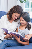 Happy mother and daughter sitting on the couch and reading book