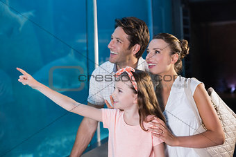 Happy family looking at fish tank
