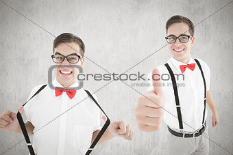 Composite image of nerd showing thumbs up