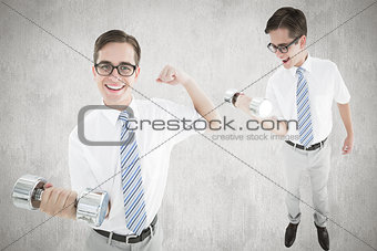 Composite image of nerd lifting dumbbell