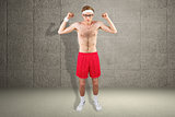 Composite image of geeky shirtless hipster flexing biceps