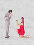 Composite image of pretty hipster on bended knee doing a marriage proposal to her boyfriend