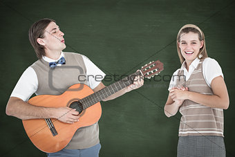 Composite image of geeky hipster serenading his girlfriend with guitar