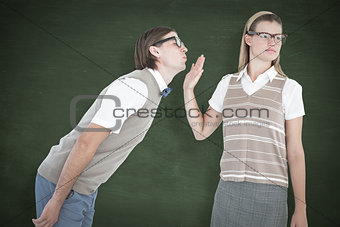 Composite image of geeky hipster making a stop sign to her boyfriend