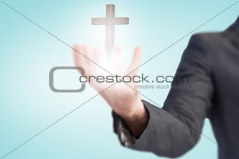 Composite image of businessman presenting with his hands