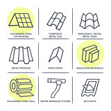 Sale buildings materials (roof, facade) site icons infographics 