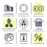 Sale buildings materials (roof, facade) site icons infographics 