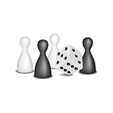 Board game figures and dice in black and white design