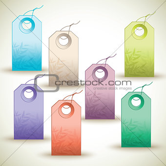 Many colorful tags on white background. 