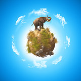 3D elephant on a grass and rock globe