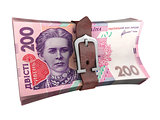 Belted stack of ukrainian money banknotes
