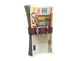 Belted stack of euro money banknotes