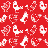 Folk, retro red background with birds - seamless pattern