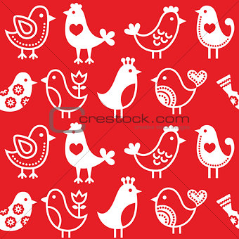 Folk, retro red background with birds - seamless pattern