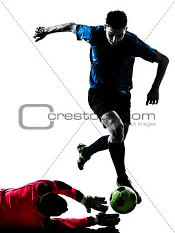 two men soccer player goalkeeper  competition silhouette