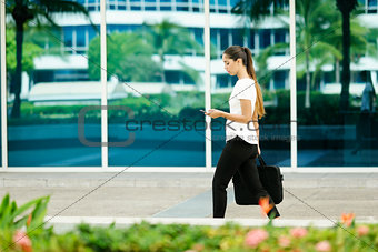Business Woman Female Commuter Walking Office Texting On Phone