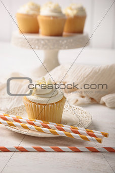 Sweet vanilla cupcake with straws