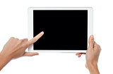 Finger being pointed on tablet screen
