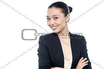 Smiling corporate woman, isolated on white