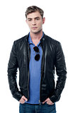 Young man wearing leather jacket